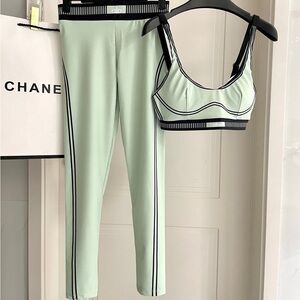 ALO Yoga Mint Green Leggings with Black Accents and Sports Bra Set